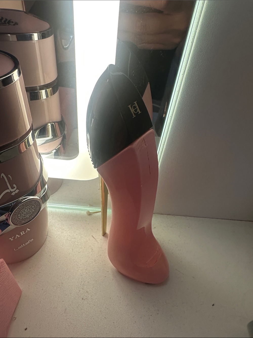 Empty Carolina Herrera Black and Pink Pointed Stiletto Pump with Gold Heel